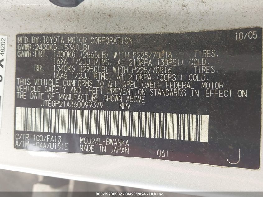 2006 Toyota Highlander V6 VIN: JTEGP21A360099379 Lot: 39730532