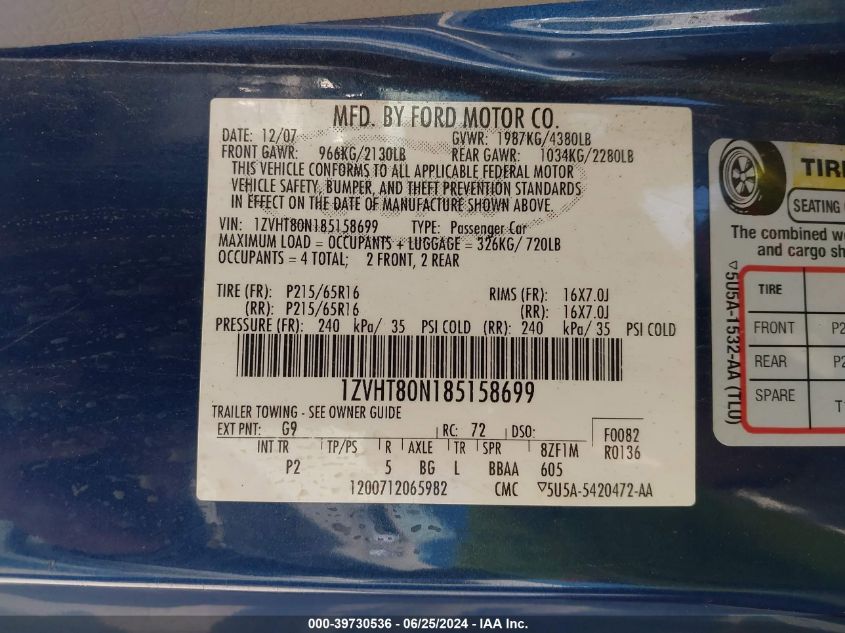 2008 Ford Mustang V6 Deluxe/V6 Premium VIN: 1ZVHT80N185158699 Lot: 39730536
