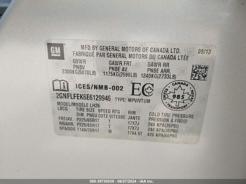 2014 Chevrolet Equinox 1Lt VIN: 2GNFLFEK6E6129946 Lot: 39730539