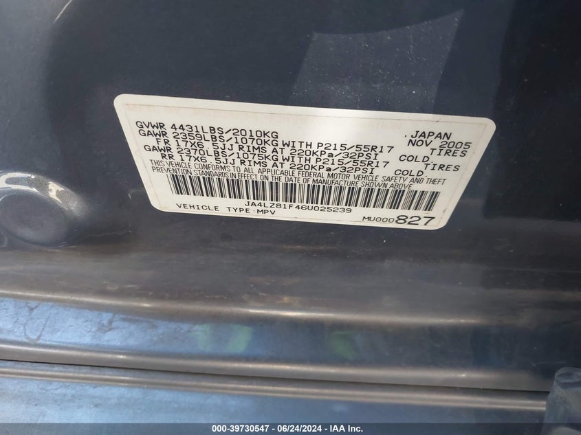 2006 Mitsubishi Outlander Limited VIN: JA4LZ81F46U025239 Lot: 39730547