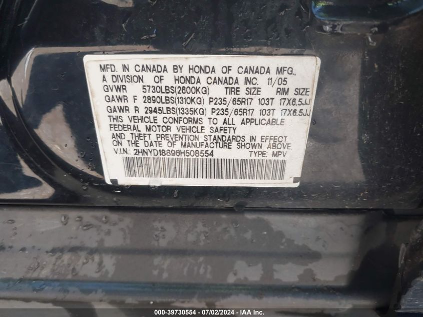2006 Acura Mdx VIN: 2HNYD18896H508554 Lot: 39730554