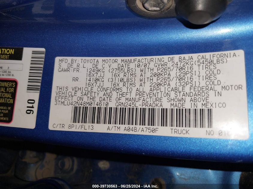 2008 Toyota Tacoma Double Cab VIN: 3TMLU42N48M014610 Lot: 39730563