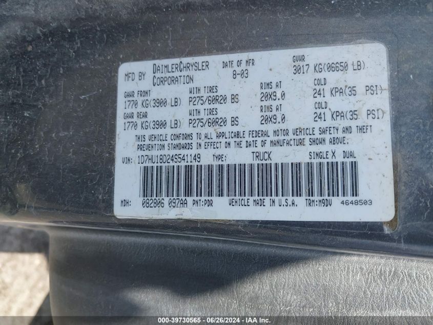 2004 Dodge Ram 1500 Slt/Laramie VIN: 1D7HU18D24S541149 Lot: 39730565