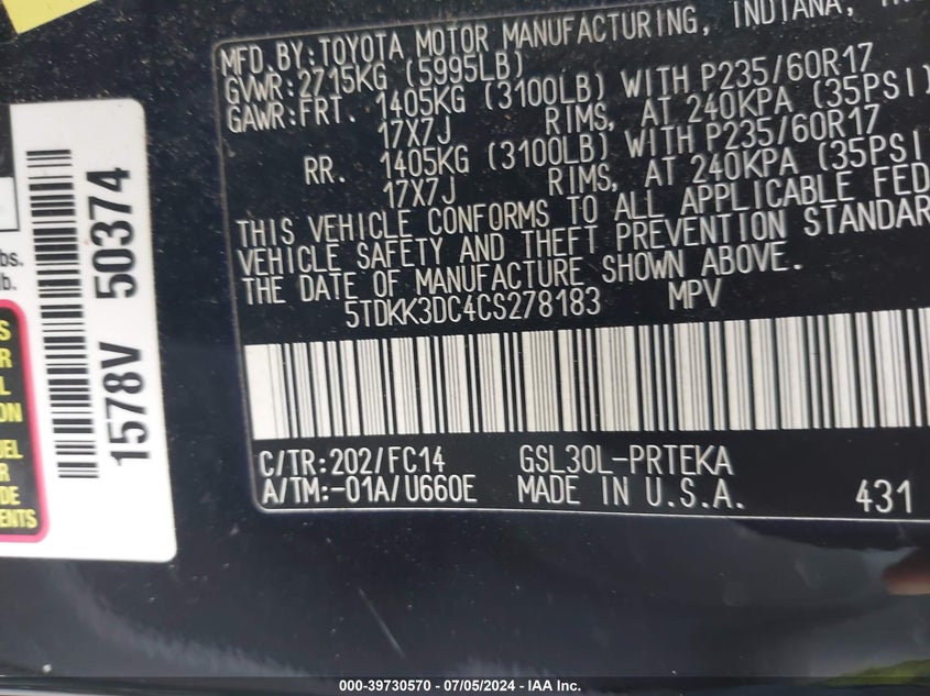 2012 Toyota Sienna Le V6 8 Passenger VIN: 5TDKK3DC4CS278183 Lot: 39730570