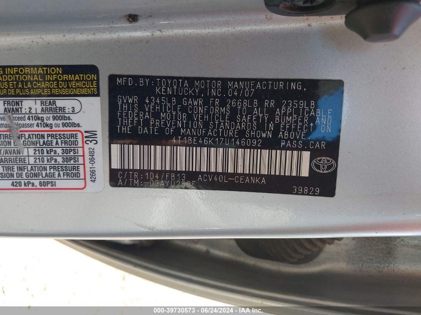 2007 Toyota Camry Le VIN: 4T1BE46K17U146092 Lot: 39730573