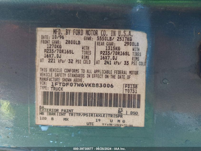 1997 Ford F-150 Lariat/Xl/Xlt VIN: 1FTDF07W6VKB83006 Lot: 39730577