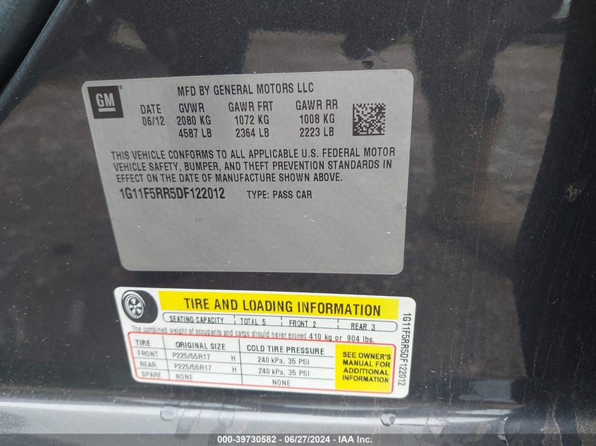 2013 Chevrolet Malibu Eco Premium Audio VIN: 1G11F5RR5DF122012 Lot: 39730582