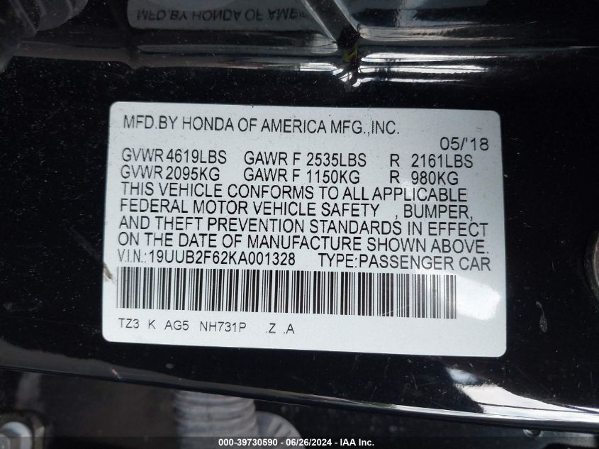 2019 Acura Tlx Tech A-Spec Pkgs VIN: 19UUB2F62KA001328 Lot: 39730590