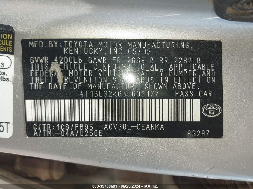 2005 Toyota Camry Std VIN: 4T1BE32K65U609177 Lot: 39730601