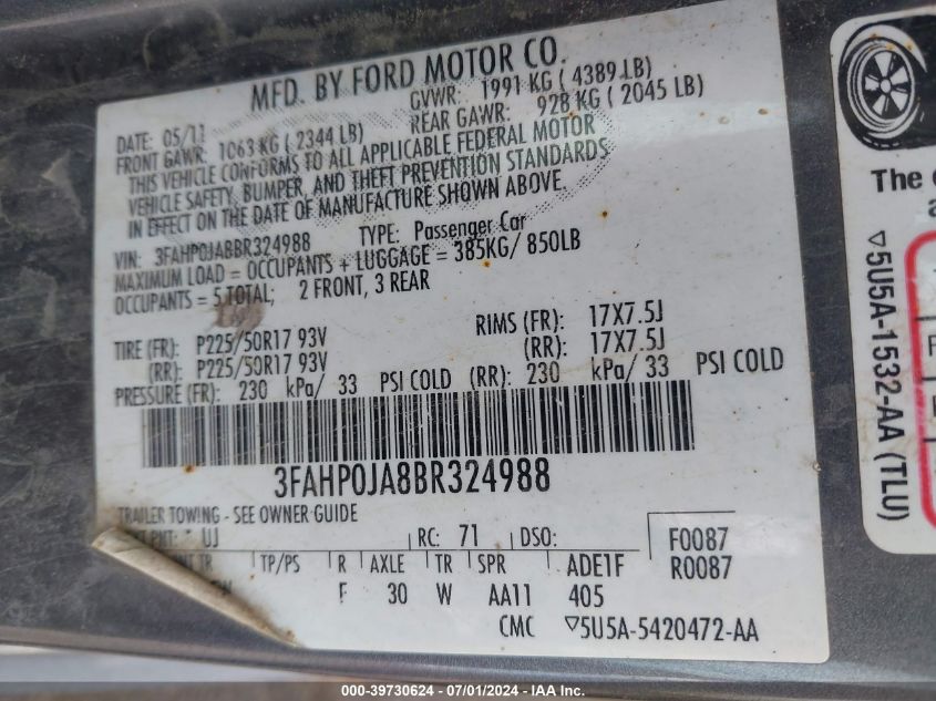 2011 Ford Fusion Sel VIN: 3FAHP0JA8BR324988 Lot: 39730624