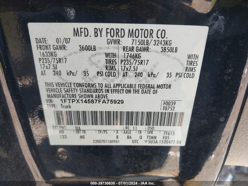 2007 Ford F-150 Fx4/Lariat/Xl/Xlt VIN: 1FTPX14587FA75929 Lot: 39730630