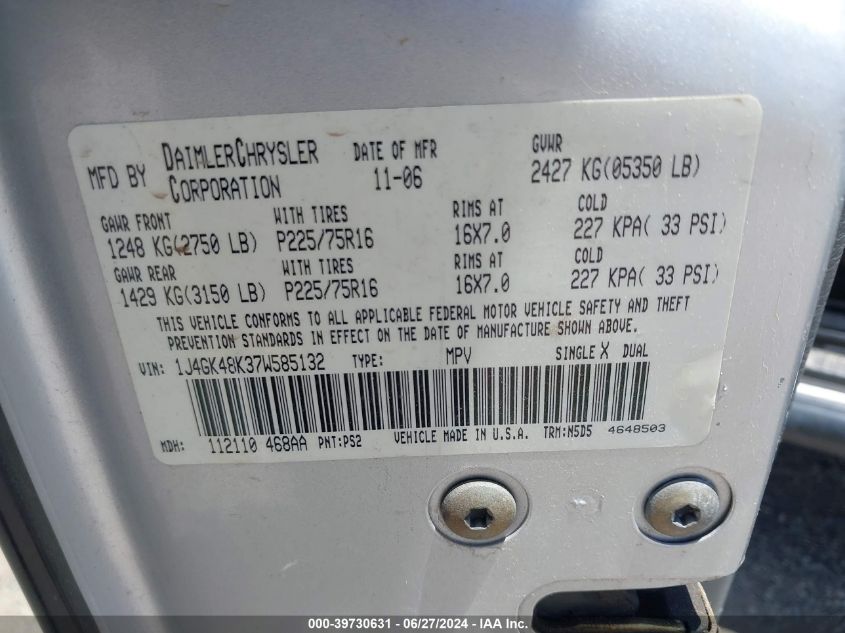 1J4GK48K37W585132 2007 Jeep Liberty Sport