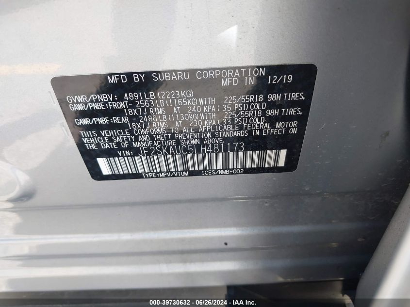 2020 SUBARU FORESTER LIMITED - JF2SKAUC5LH481173