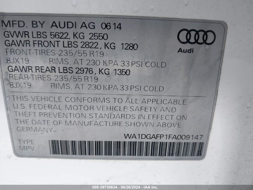 2015 Audi Q5 Premium Plus VIN: WA1DGAFP1FA009147 Lot: 39730634