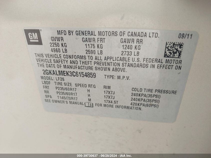 2012 GMC Terrain Sle-1 VIN: 2GKALMEK3C6154859 Lot: 39730637