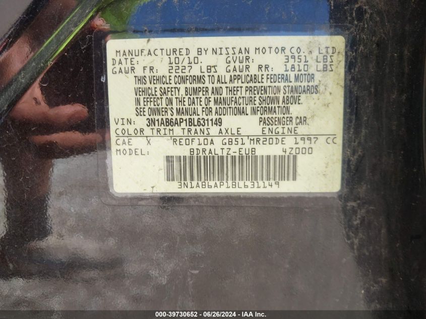 2011 Nissan Sentra 2.0S VIN: 3N1AB6AP1BL631149 Lot: 39730652