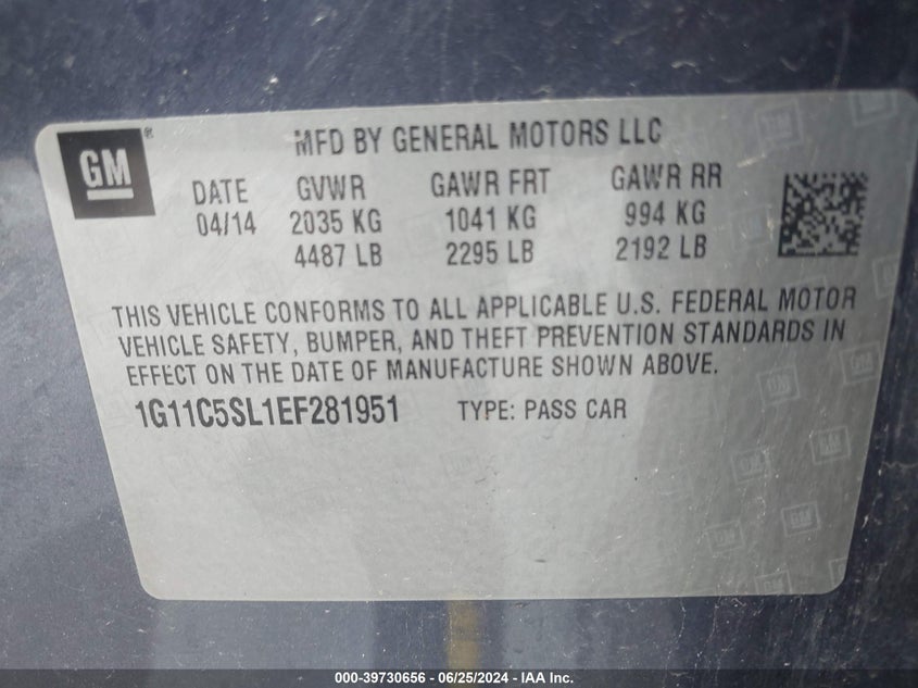 2014 Chevrolet Malibu 1Lt VIN: 1G11C5SL1EF281951 Lot: 39730656
