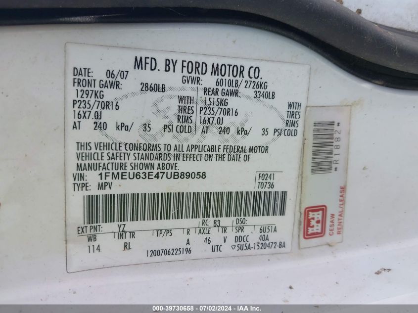 2007 Ford Explorer Xlt VIN: 1FMEU63E47UB89058 Lot: 39730658