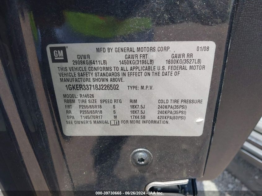 2008 GMC Acadia Slt-2 VIN: 1GKER33718J226502 Lot: 39730665