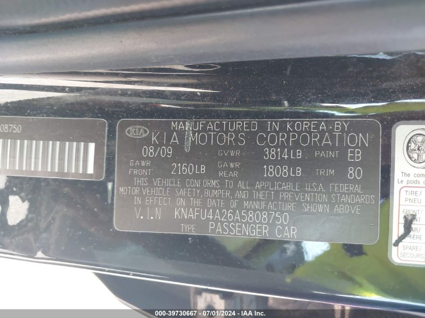 2010 Kia Forte Ex VIN: KNAFU4A26A5808750 Lot: 39730667