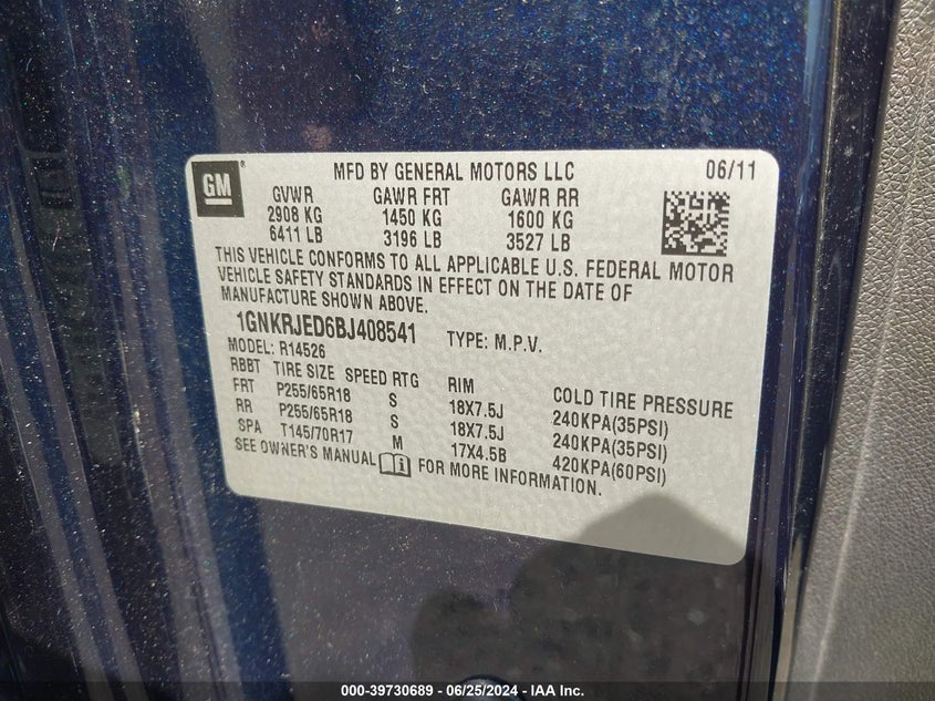 2011 Chevrolet Traverse 2Lt VIN: 1GNKRJED6BJ408541 Lot: 39730689