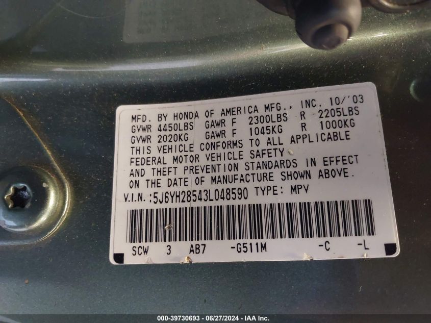 2003 Honda Element Ex VIN: 5J6YH28543L048590 Lot: 39730693
