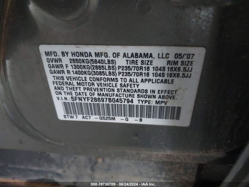 2007 Honda Pilot Ex-L VIN: 5FNYF28697B045794 Lot: 39730709