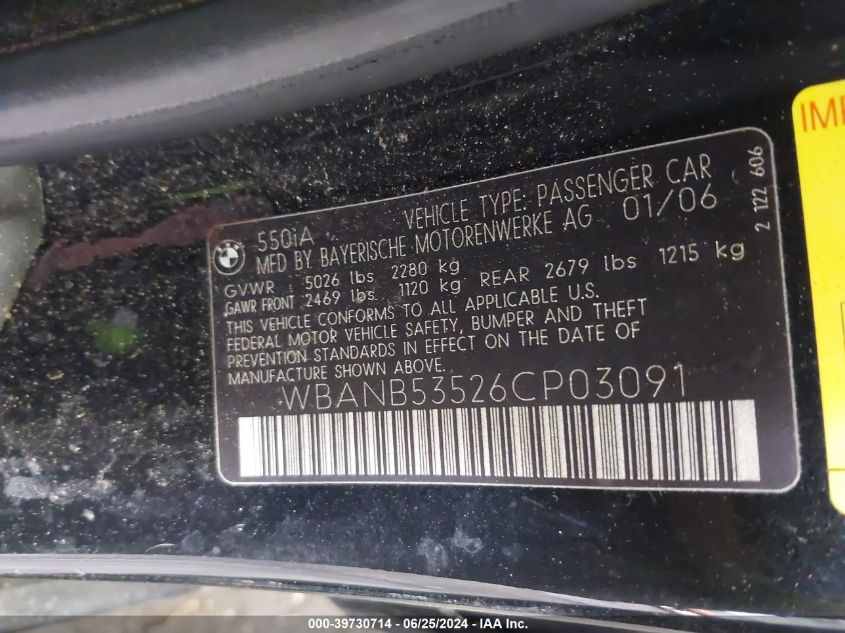 2006 BMW 550I VIN: WBANB53526CP03091 Lot: 39730714