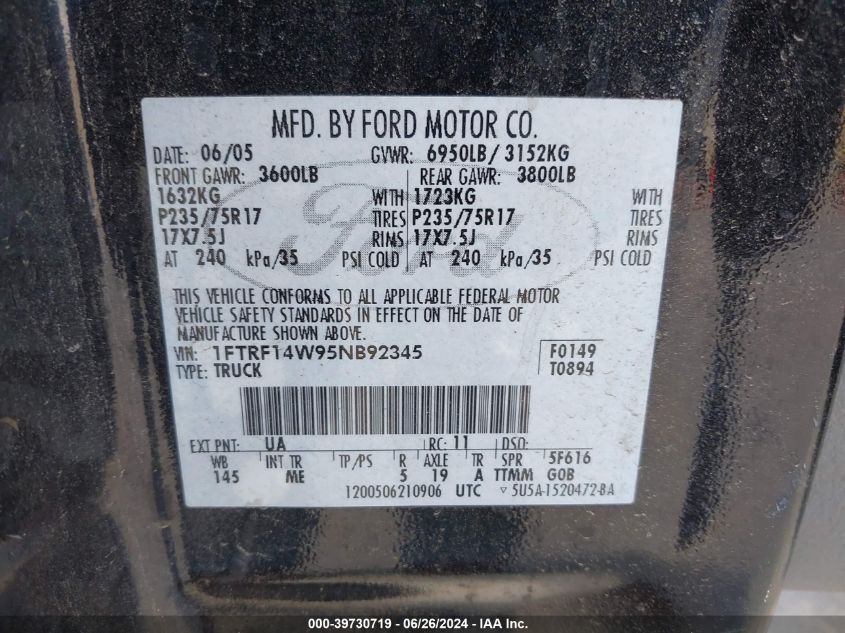 2005 Ford F-150 Stx/Xl/Xlt VIN: 1FTRF14W95NB92345 Lot: 39730719