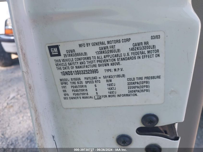 2003 Chevrolet Trailblazer VIN: 1GNDS13S032323998 Lot: 39730727