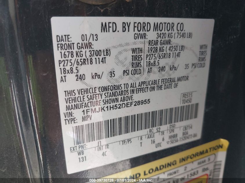 2013 Ford Expedition El Xlt VIN: 1FMJK1H52DEF28955 Lot: 39730728