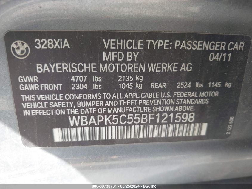 2011 BMW 328I xDrive VIN: WBAPK5C55BF121598 Lot: 39730731