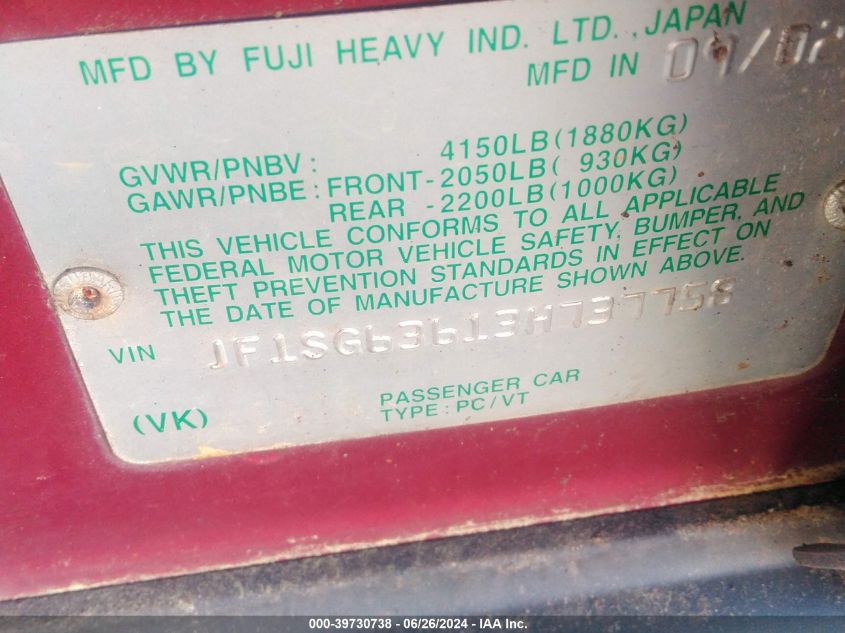 2003 Subaru Forester X VIN: JF1SG63613H737758 Lot: 39730738