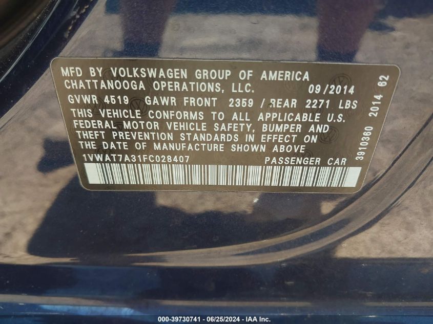 2015 Volkswagen Passat 1.8T Wolfsburg Edition VIN: 1VWAT7A31FC028407 Lot: 39730741