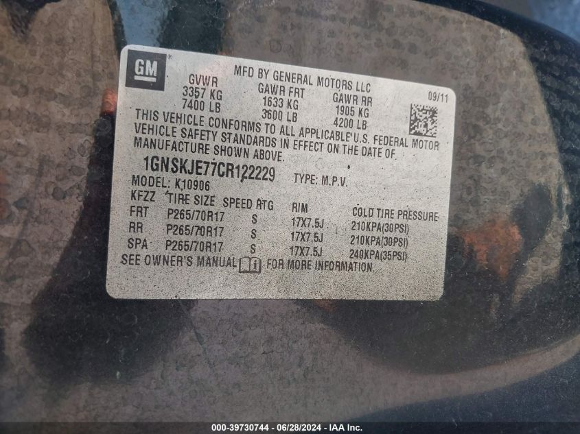 2012 Chevrolet Suburban 1500 Lt VIN: 1GNSKJE77CR122229 Lot: 39730744