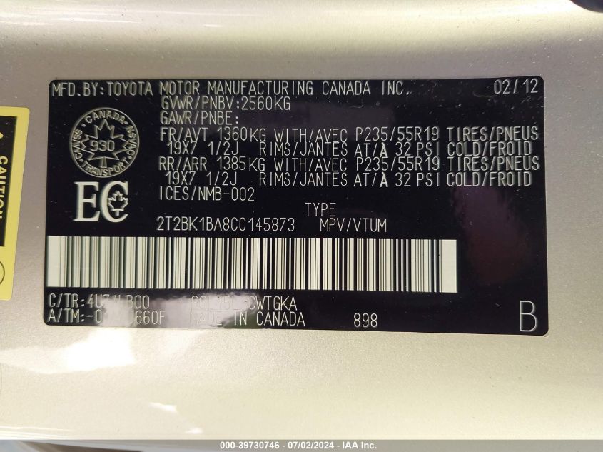 2012 Lexus Rx 350 VIN: 2T2BK1BA8CC145873 Lot: 39730746