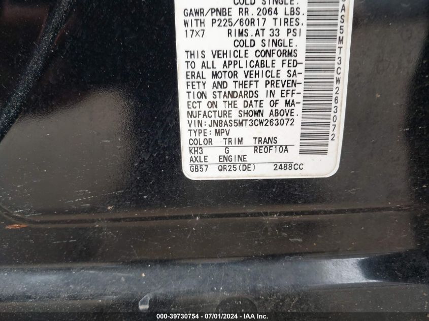 2012 Nissan Rogue Sv VIN: JN8AS5MT3CW263072 Lot: 39730754