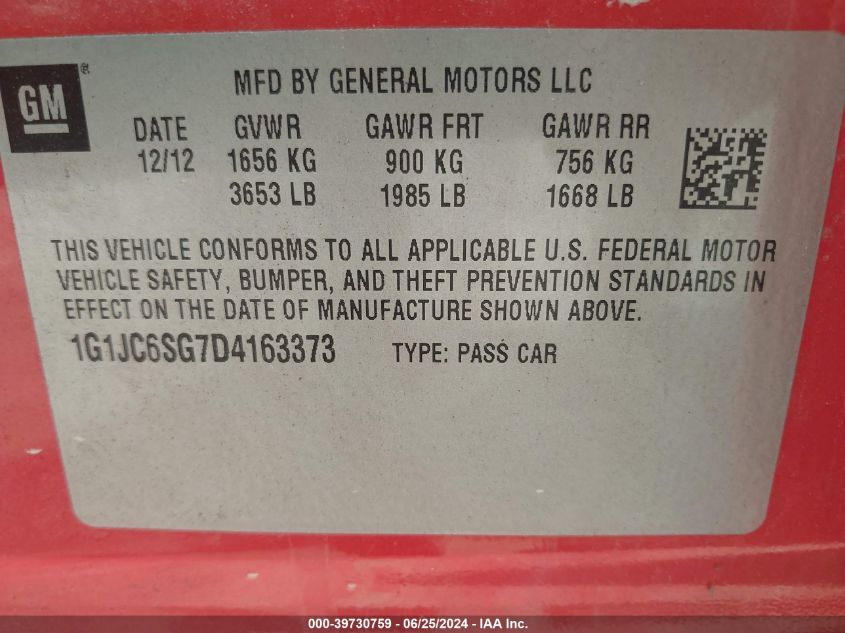 2013 Chevrolet Sonic Lt Auto VIN: 1G1JC6SG7D4163373 Lot: 39730759