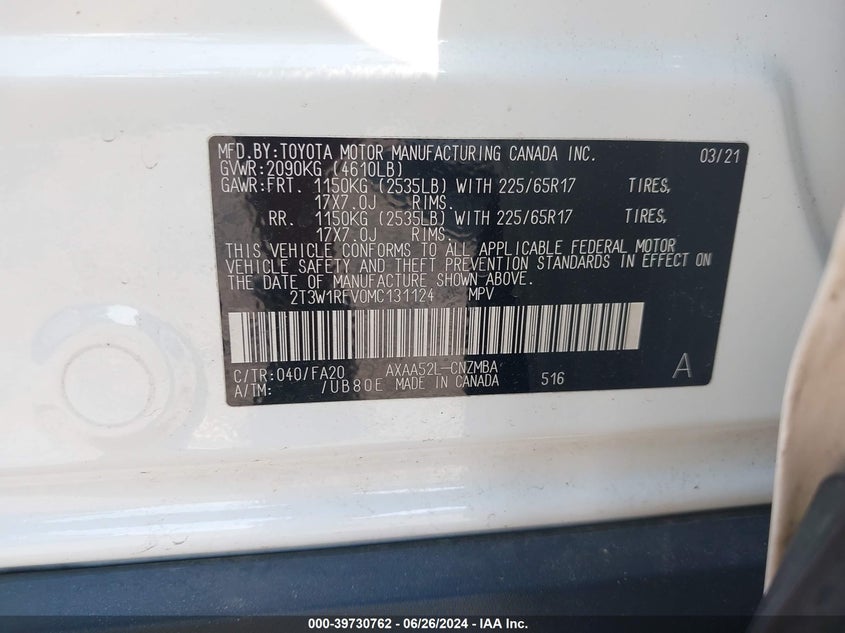 2021 TOYOTA RAV4 XLE - 2T3W1RFV0MC131124