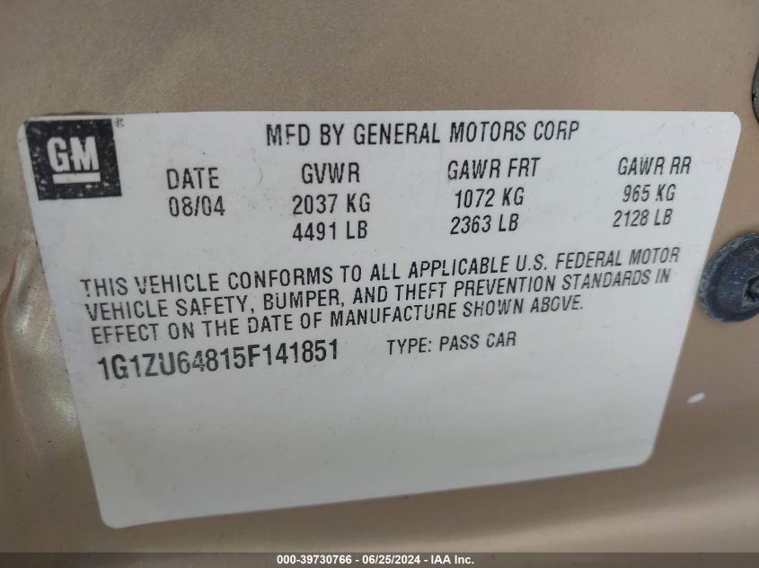 2005 Chevrolet Malibu Maxx Lt VIN: 1G1ZU64815F141851 Lot: 39730766