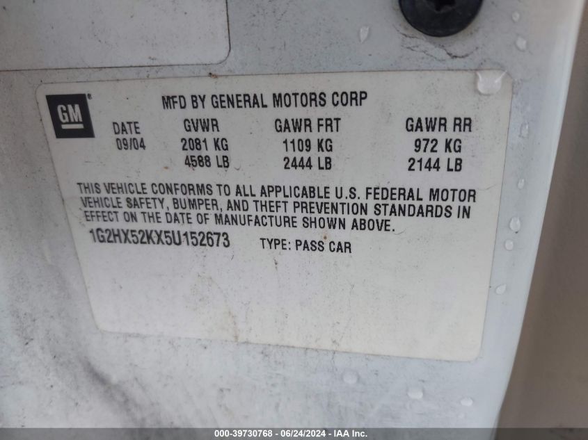 2005 Pontiac Bonneville Se VIN: 1G2HX52KX5U152673 Lot: 39730768