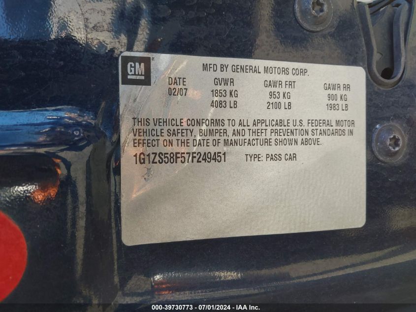 2007 Chevrolet Malibu Ls VIN: 1G1ZS58F57F249451 Lot: 39730773