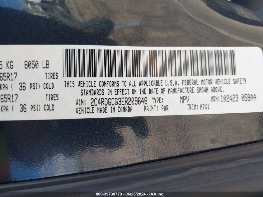 2014 Dodge Grand Caravan Sxt VIN: 2C4RDGCG3ER209646 Lot: 39730779