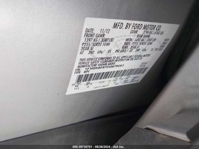 2013 Ford Explorer Limited VIN: 1FM5K8F87DGB76063 Lot: 39730781