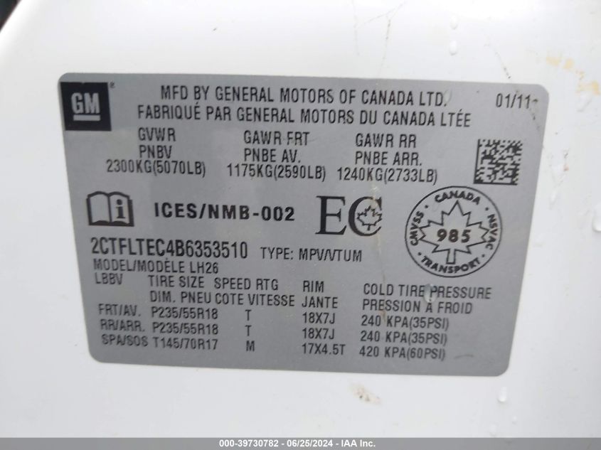 2011 GMC Terrain Sle-2 VIN: 2CTFLTEC4B6353510 Lot: 39730782