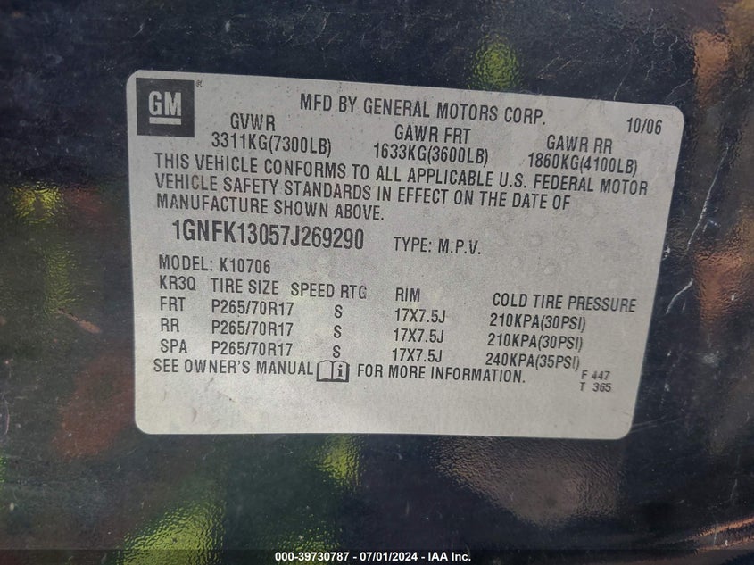 2007 Chevrolet Tahoe Lt VIN: 1GNFK13057J269290 Lot: 39730787