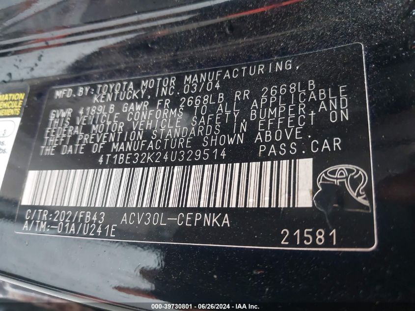 2004 Toyota Camry Le/Xle/Se VIN: 4T1BE32K24U329514 Lot: 39730801
