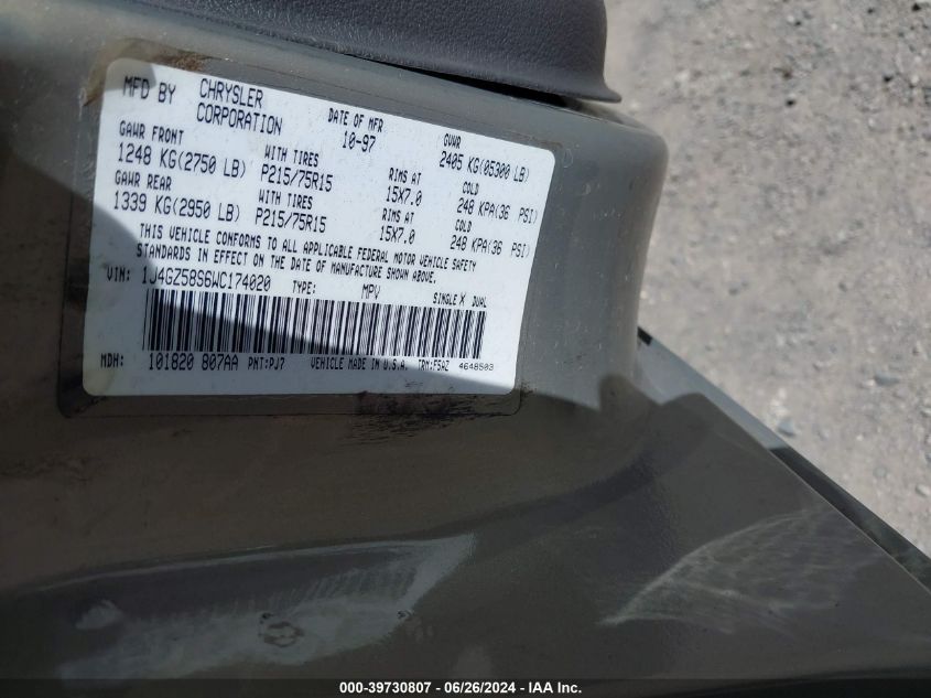 1989 Jeep Cherokee VIN: 1J46Z58S6WC174020 Lot: 39730807