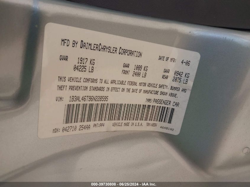 2006 Dodge Stratus Sxt VIN: 1B3AL46T96N228595 Lot: 39730808