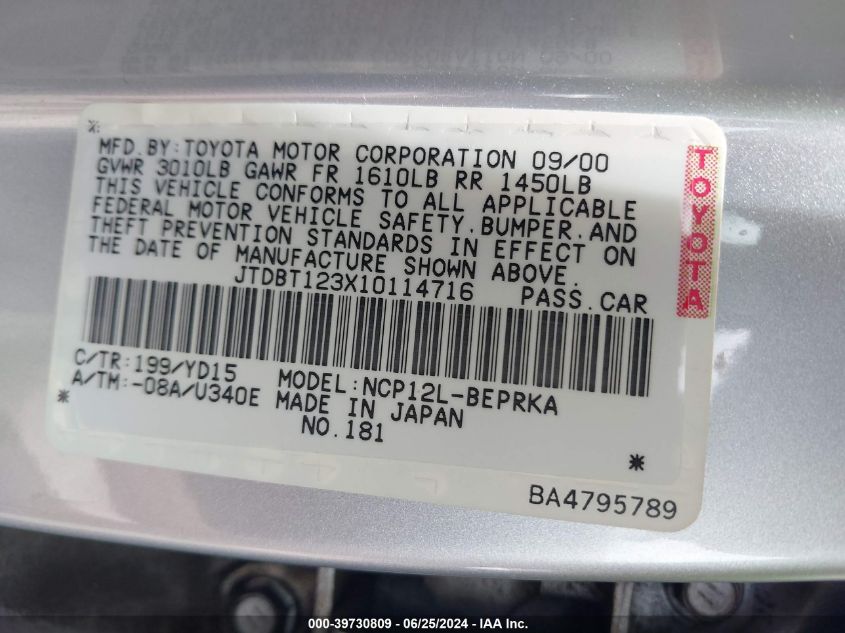 2001 Toyota Echo VIN: JTDBT123X10114716 Lot: 39730809